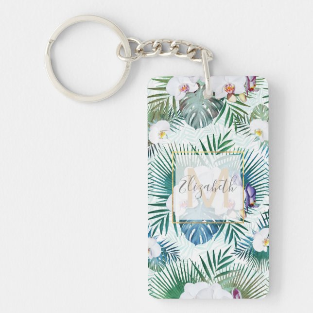 Tropical leaves and orchid flowers design key ring (Front)