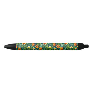 Tropical leaves and pineapple pattern black ink pen