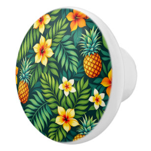Tropical leaves and pineapple pattern ceramic knob