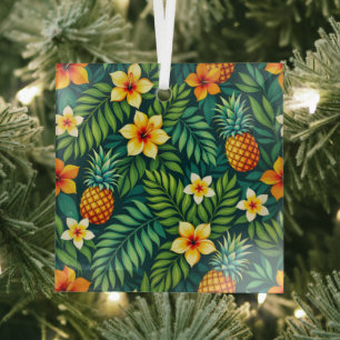 Tropical leaves and pineapple pattern glass tree decoration