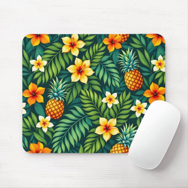 Tropical leaves and pineapple pattern mouse pad (With Mouse)