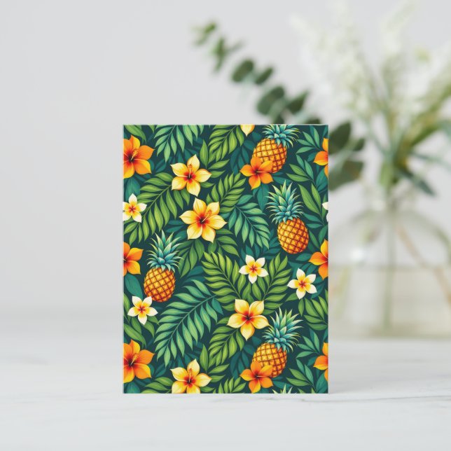 Tropical leaves and pineapple pattern postcard (Standing Front)