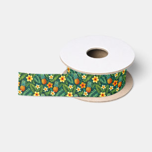 Tropical leaves and pineapple pattern satin ribbon