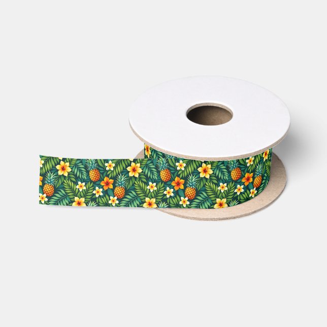 Tropical leaves and pineapple pattern satin ribbon (Spool)