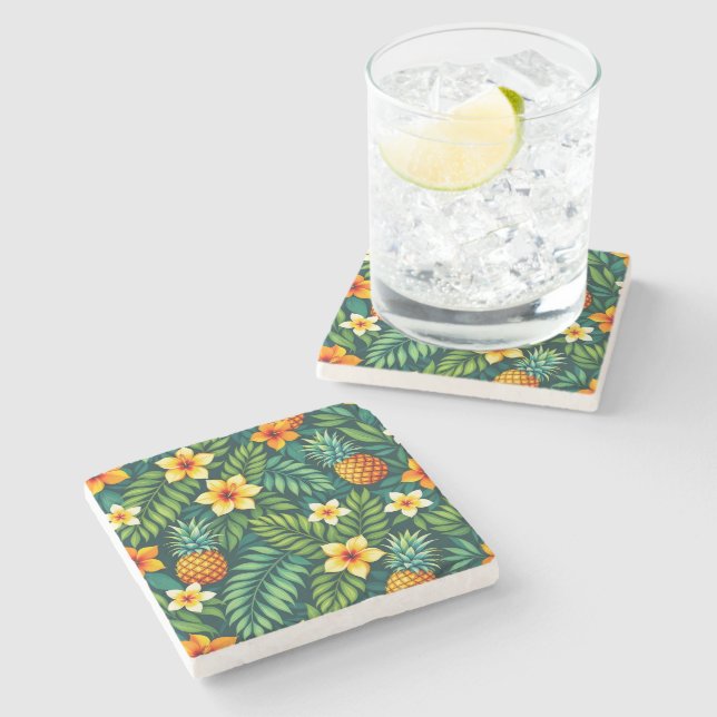 Tropical leaves and pineapple pattern stone coaster (Side)