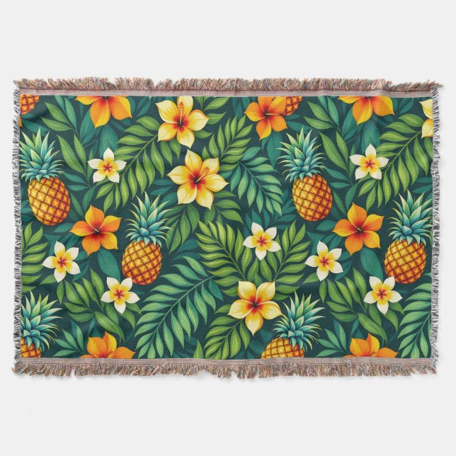 Tropical leaves and pineapple pattern throw blanket (Front)