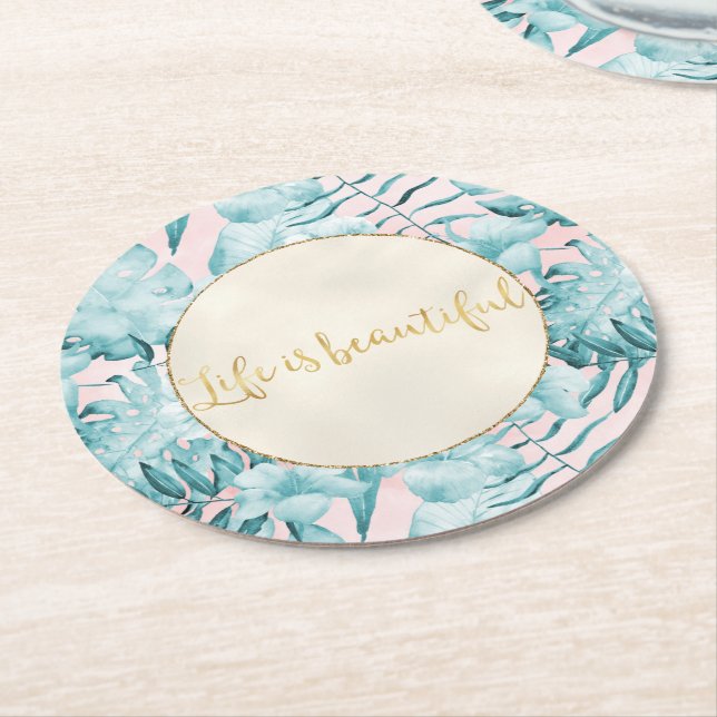 Tropical Leaves Aqua Gold            Round Paper Coaster (Angled)