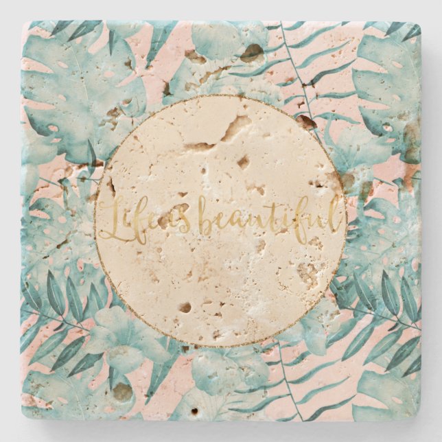 Tropical Leaves Aqua Gold       Stone Coaster (Front)