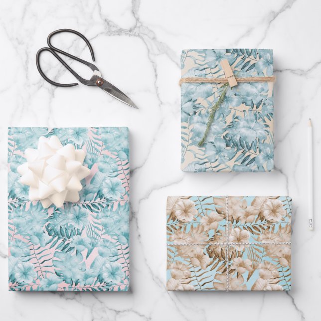 Tropical Leaves Aqua Pink   Wrapping Paper Sheet (Front)