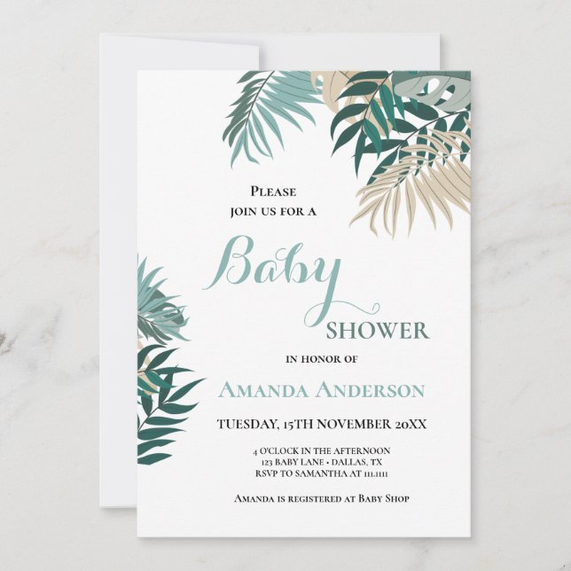Tropical leaves Baby Shower invitation (Front)
