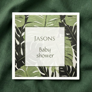 Tropical leaves baby shower name napkin