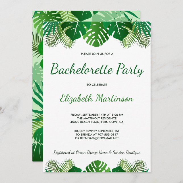 Tropical Leaves Beach Foliage Bachelorette Party Invitation (Front/Back)