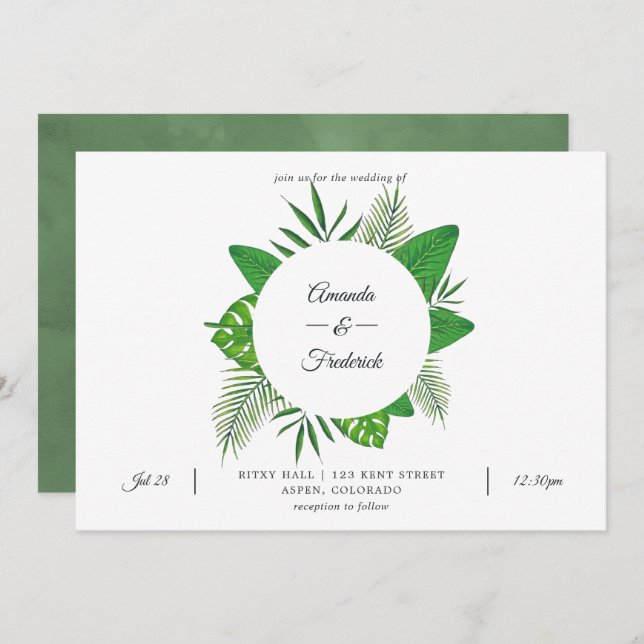 Tropical Leaves Beach Photo Wedding Invitation (Front/Back)
