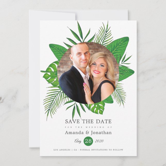 Tropical Leaves Beach Photo Wedding Save The Date (Front)