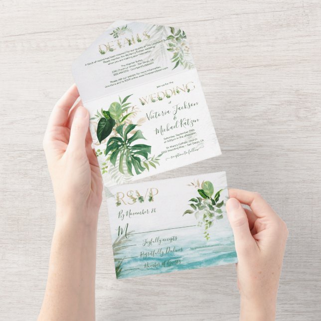 Tropical Leaves Beach Wedding All In One Invitation (Tearaway)
