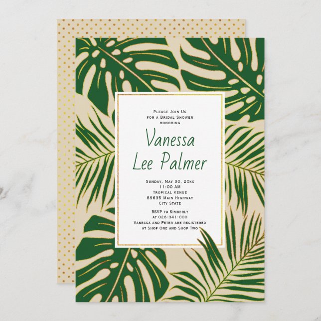 Tropical leaves beige wedding bridal shower invitation (Front/Back)