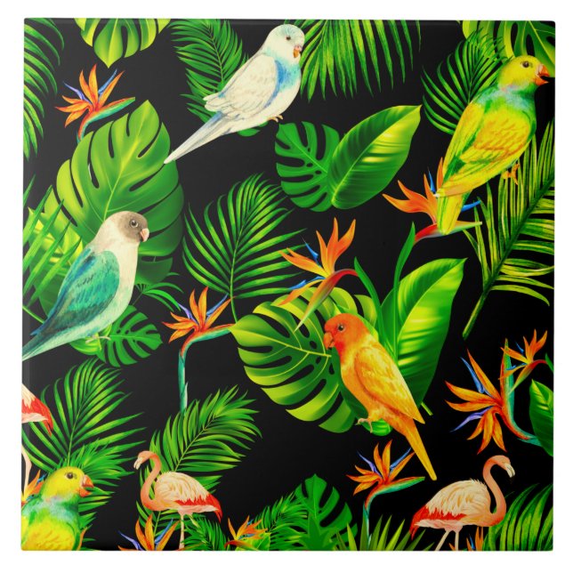 Tropical leaves birds rainforest   ceramic tile (Front)