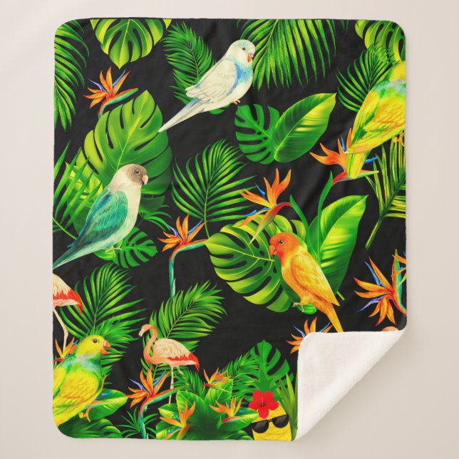 Tropical leaves birds rainforest   sherpa blanket (Front)