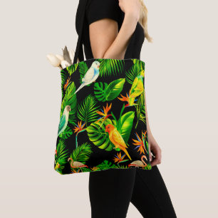 Tropical leaves birds rainforest tote bag