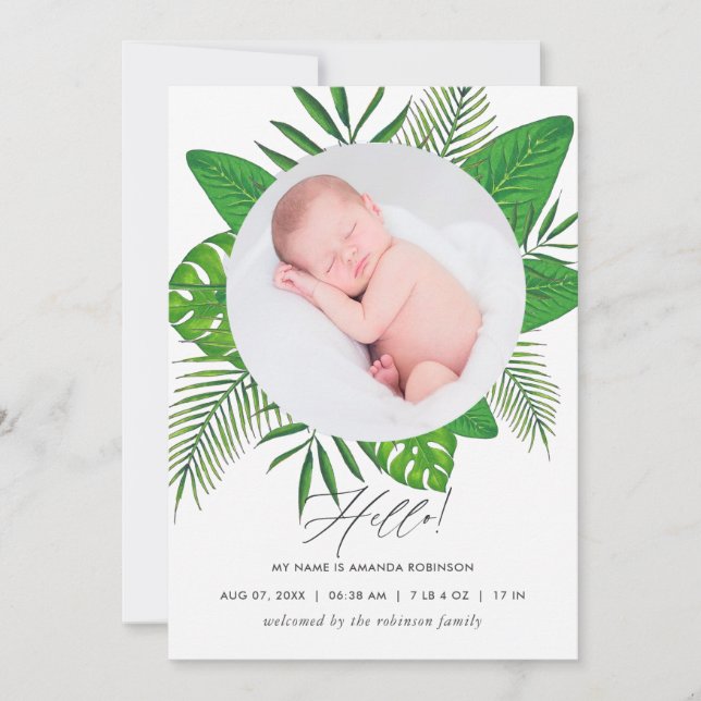 Tropical Leaves Birth Announcement Photo Card (Front)