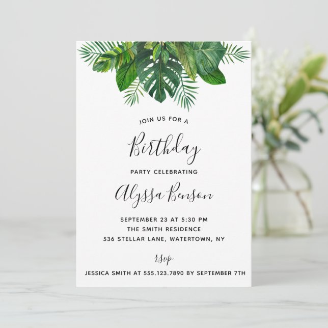 Tropical Leaves Birthday Party Invitation (Standing Front)