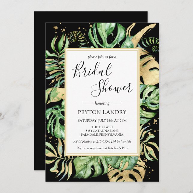 Tropical Leaves Black & Gold Frame Bridal Shower Invitation (Front/Back)