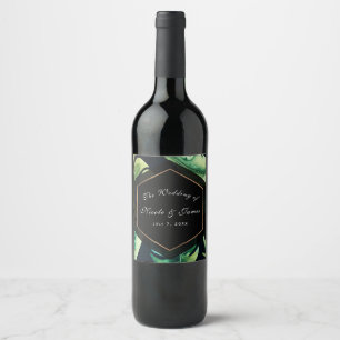 Tropical Leaves Black Green Gold Custom Wine Wine Label