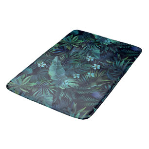 Tropical Leaves Blue Flowers Bath Mat