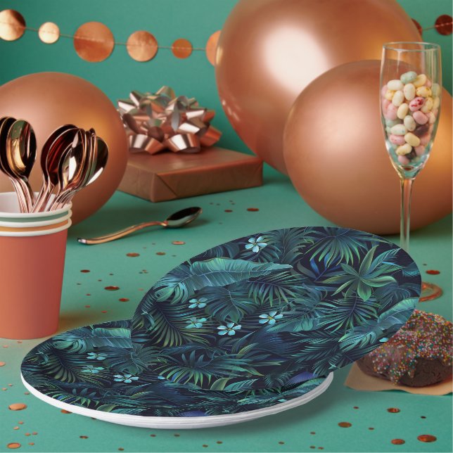 Tropical Leaves & Blue Flowers Paper Plate (Multi)