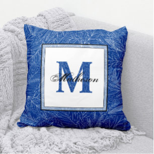 Tropical Leaves Blue Patterned Monogram Line Art Cushion