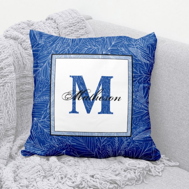 Tropical Leaves Blue Patterned Monogram Line Art Cushion (Royal Blue and White Leaves Pattern Monogram Throw Pillow with Matching Background Pattern)