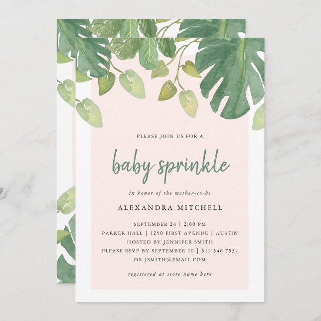 Tropical Leaves | Blush and Green Baby Sprinkle Invitation (Front/Back)