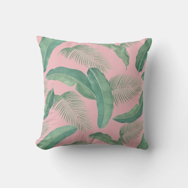Tropical Leaves Botanical Print Pink Green Summer Cushion (Front)
