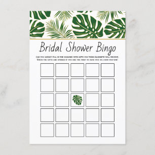 Tropical leaves bridal shower bingo game card