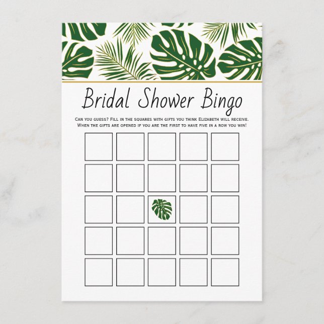Tropical leaves bridal shower bingo game card (Front)