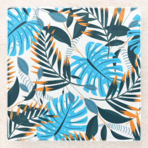 Tropical Leaves Bright White Pattern Glass Coaster