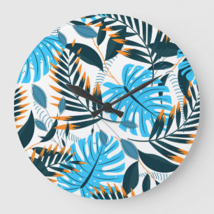 Tropical Leaves Bright White Pattern Large Clock
