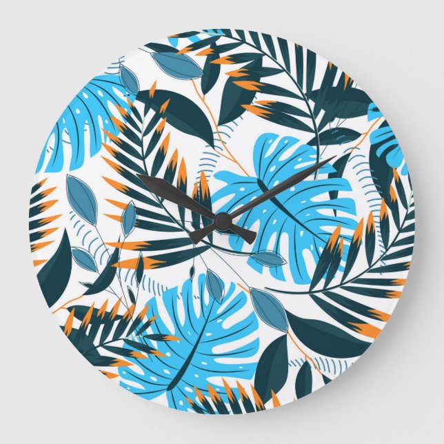 Tropical Leaves Bright White Pattern Large Clock (Front)