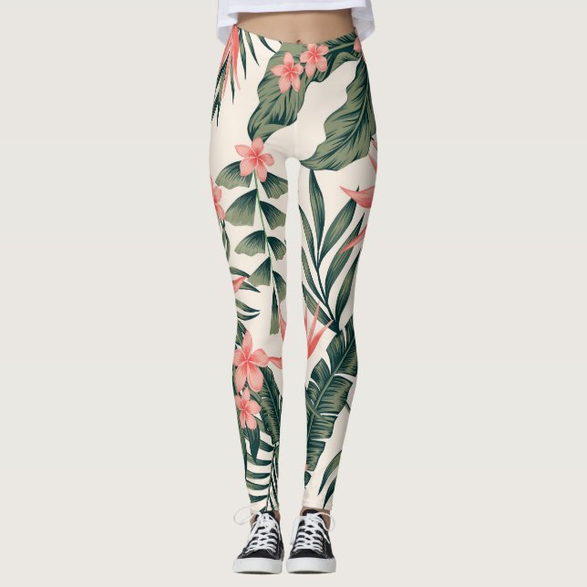 Tropical leaves, cheerful beach wallpaper. leggings (Front)