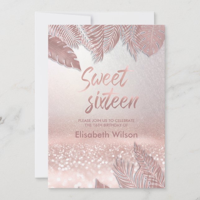 Tropical leaves chic trendy  Rose gold glittery  Invitation (Front)