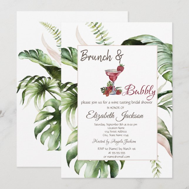Tropical Leaves Cocktail Brunch & Bubbly  Invitation (Front/Back)