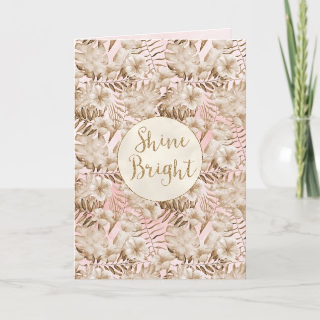Tropical Leaves Cream Blush Gold Glitter Shine     Card (Front)