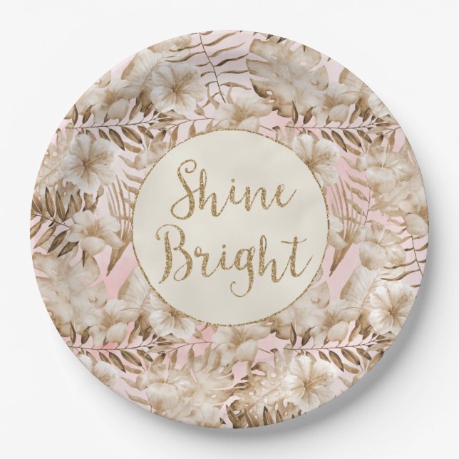 Tropical Leaves Cream Blush Gold Glitter Shine     Paper Plate (Front)