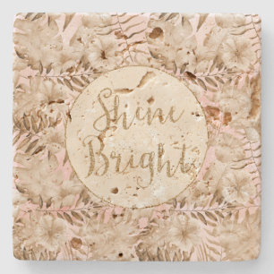 Tropical Leaves Cream Blush Gold Glitter Shine     Stone Coaster