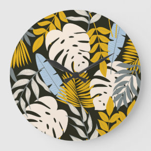 Tropical leaves: dark vintage pattern. large clock