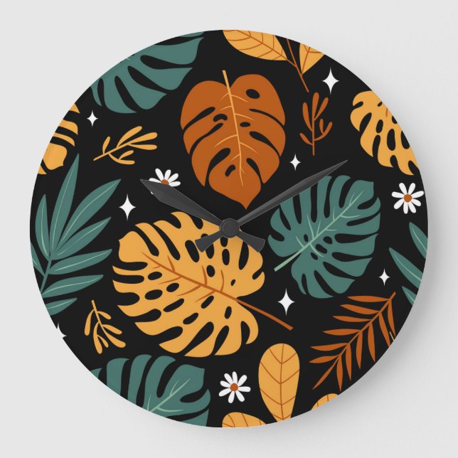 Tropical Leaves: Dark Vintage Seamless. Large Clock (Front)