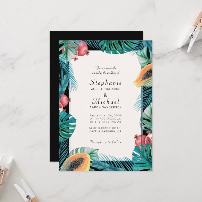 Tropical Leaves Destination Wedding  Invitation (Front/Back In Situ)