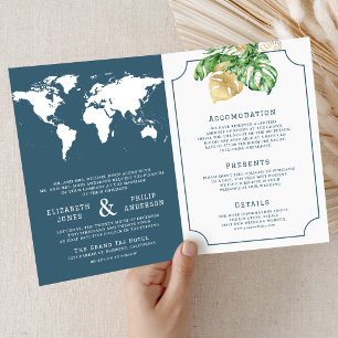 Tropical Leaves Dusty Blue Map All in One Wedding Invitation