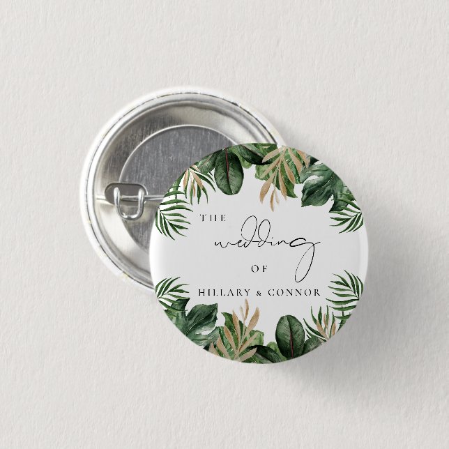Tropical leaves elegant wedding guest favour 3 cm round badge (Front & Back)