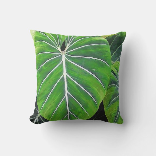 Tropical Leaves, Elephant Ears, Dark Green Outdoor Cushion (Front)